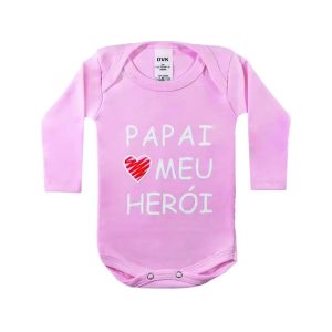 Body Bebe Personalizado Frase Papai Meu Heroi Rosa Manga longa