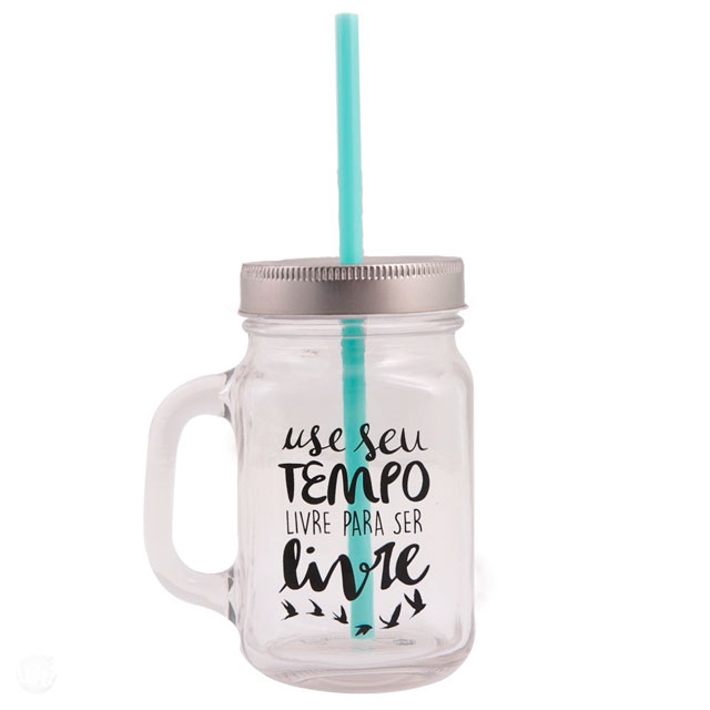 Caneca de Vidro Com Canudo