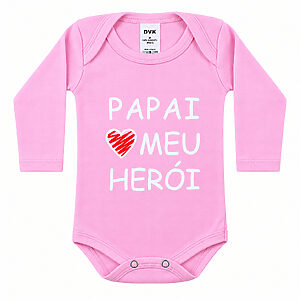 Body Bebe Personalizado Frase Papai Meu Heroi Rosa Manga longa