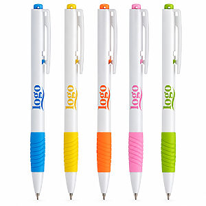 Caneta plástica colorida com clip branco