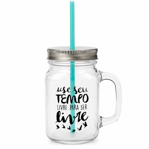 Caneca de Vidro Com Canudo